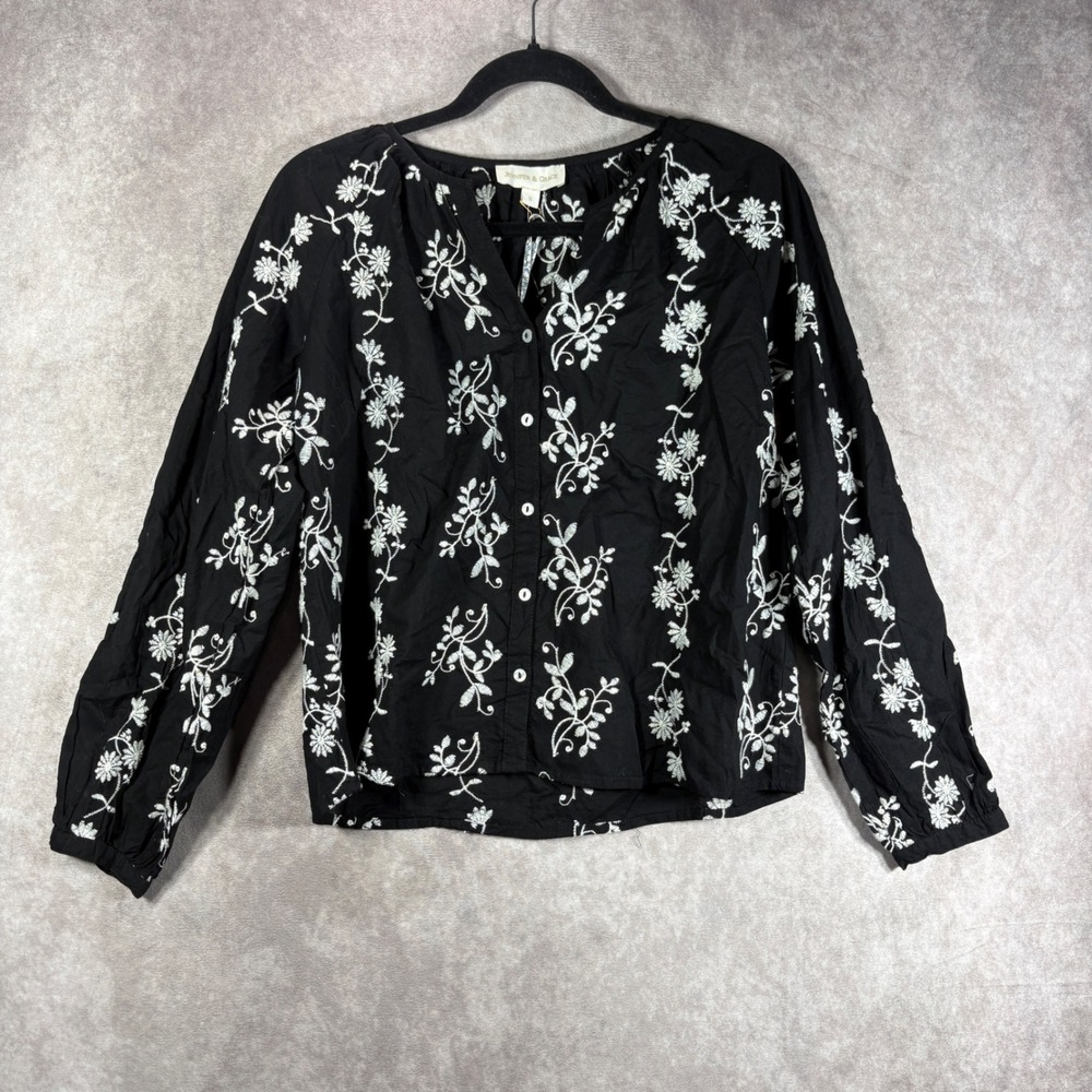 Jennifer & Grace Top Womens S Black Ivory Floral Embroidered Peasant Boho NEW